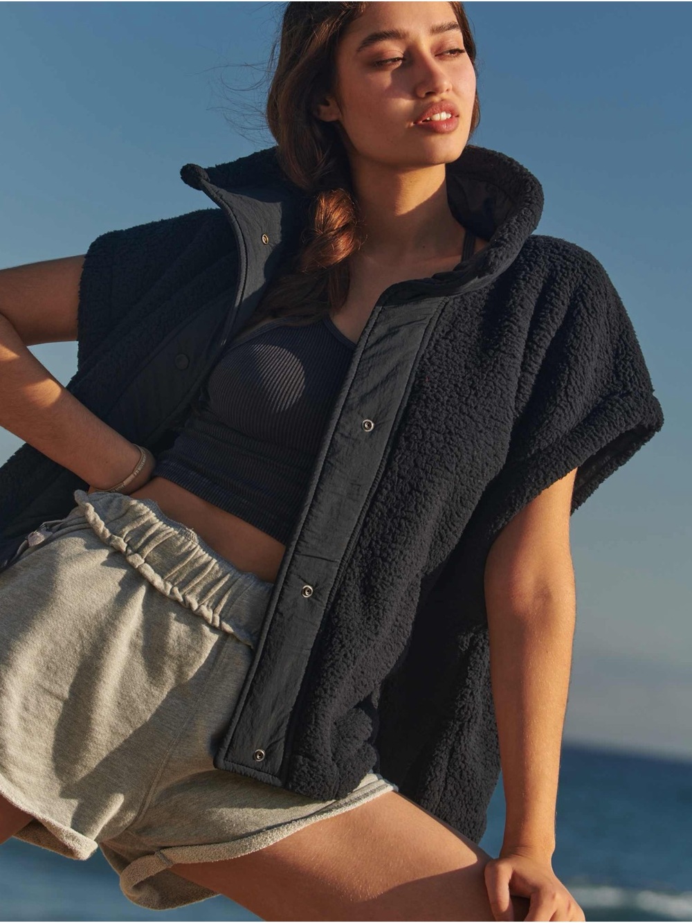 Free People Movement Scout it Out Black Fleece Button-Front Vest